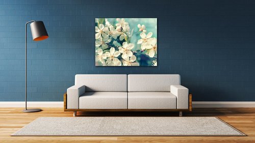 Bild Blue background cherry blossom - 90 x 70 cm