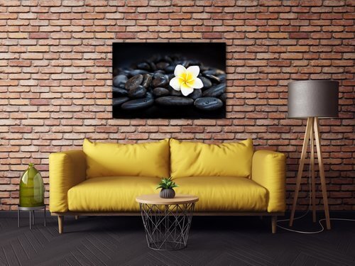 Bild White blossom on black stones - 90 x 60 cm