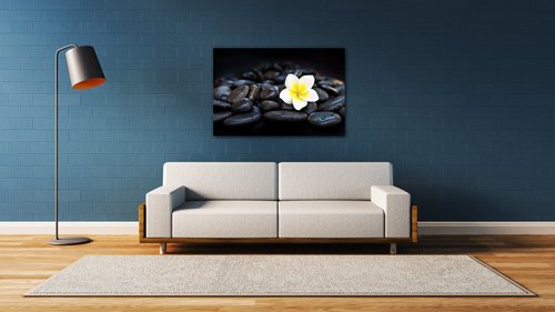 Bild White blossom on black stones - 90 x 60 cm