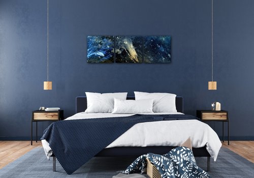 Bild Dark blue gold abstrakt - 90 x 30 cm (3-teiliges)