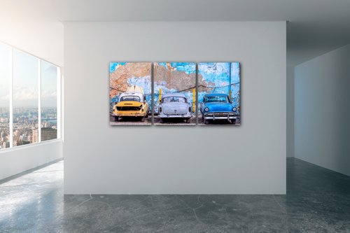 Bild Old blue cars - 120 x 60 cm (3-teiliges)