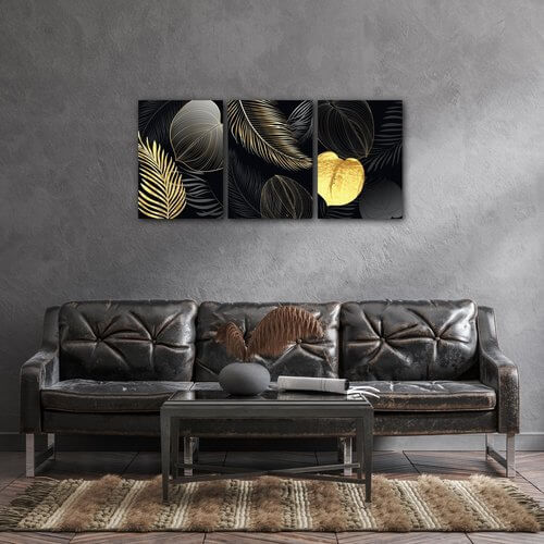 Bild Gold and black flowers abstract - 150 x 70 cm (3-teiliges)