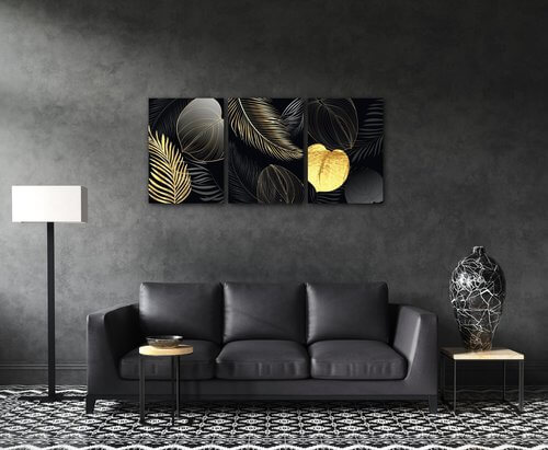 Bild Gold and black flowers abstract - 150 x 70 cm (3-teiliges)