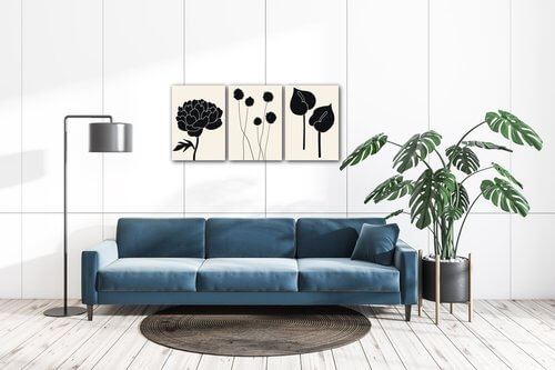 Bild Black flowers on background - 150 x 70 cm (3-teiliges)