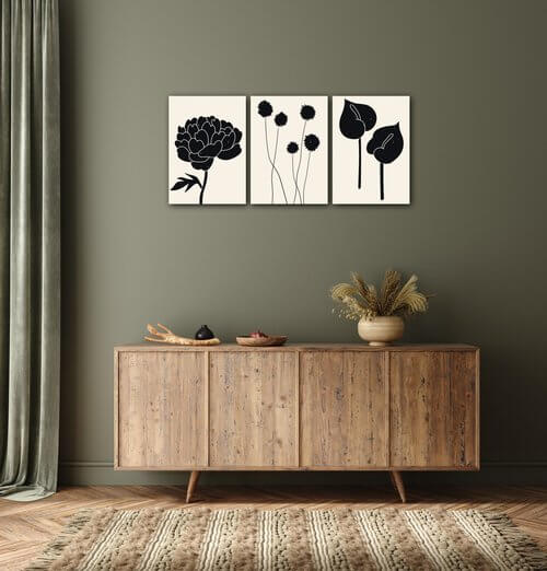 Bild Black flowers on background - 150 x 70 cm (3-teiliges)