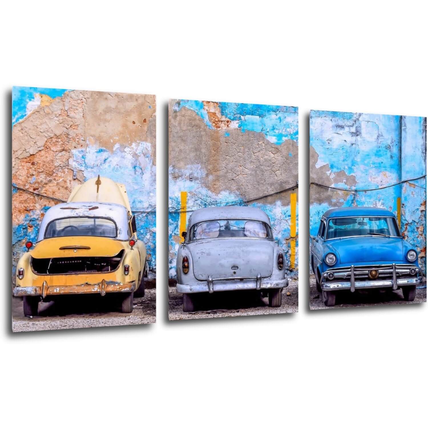 Bild Old blue cars - 120 x 60 cm (3-teiliges)