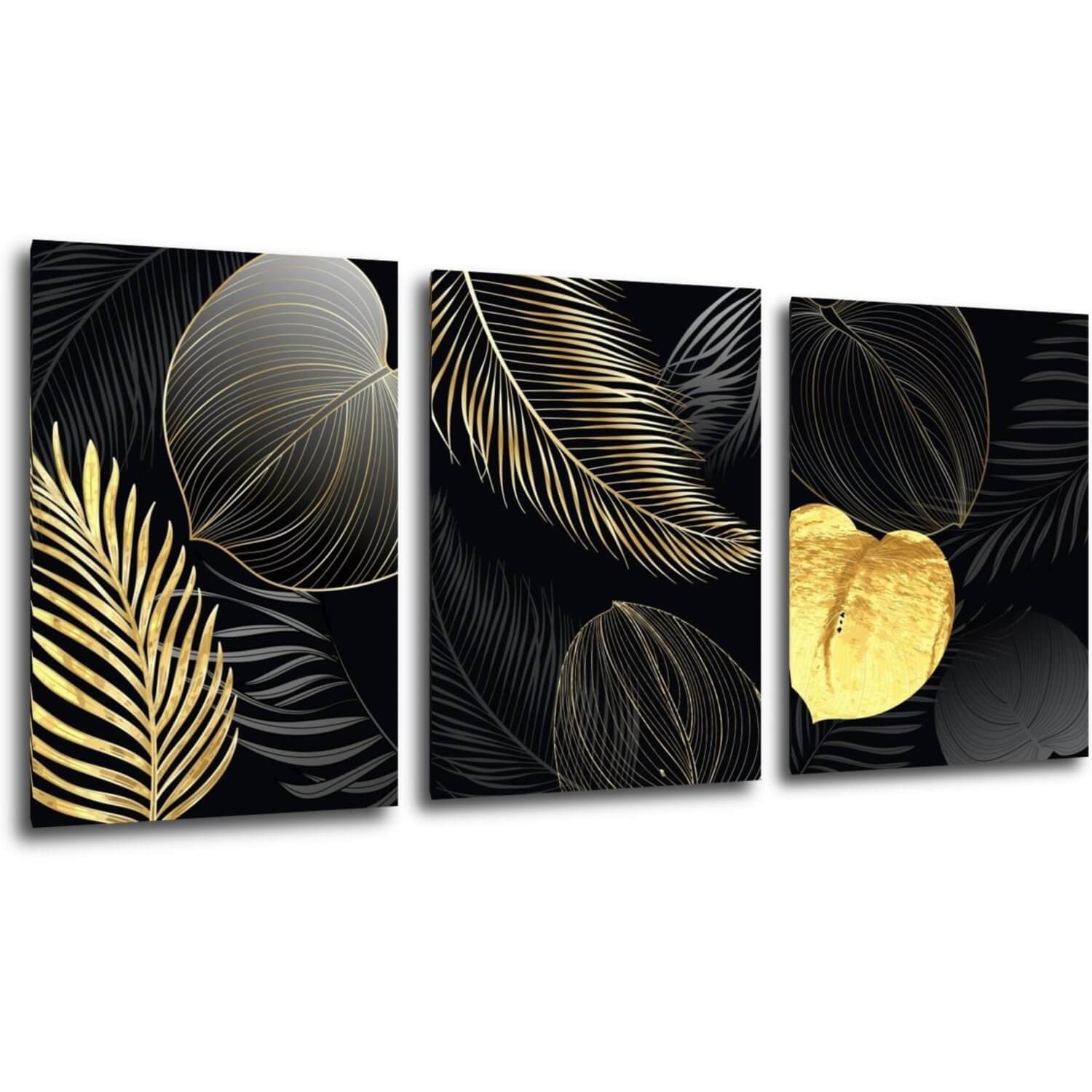 Bild Gold and black flowers abstract - 150 x 70 cm (3-teiliges)