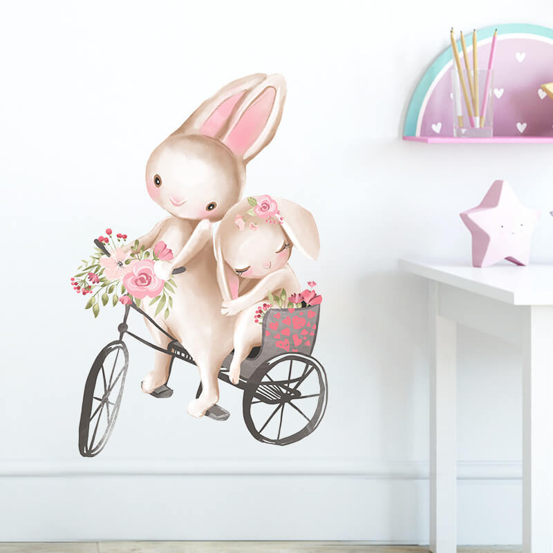 Wandaufkleber für das Kinderzimmer Bunnies on a Bike